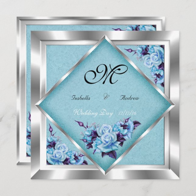 Elegant Wedding Teal Purple Roses Silver Bouquet Invitation (Front/Back)