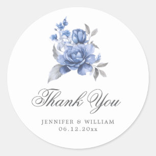 Elegant Wedding Thank U Dusty Blue Rustic Floral Classic Round Sticker