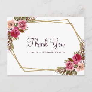 Elegant Wedding Thank You Floral Gold Frame Postcard