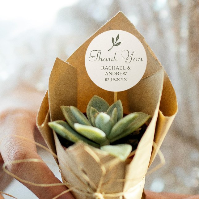 Elegant Wedding Thank You Green Cream Simple Classic Round Sticker (Creator Uploaded)