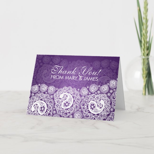 Elegant Wedding "Thank you" Paisley Lace Purple Thank You Card (Front)