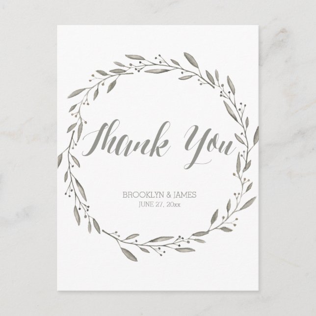 Elegant Wedding Thank You Postcards Grey Wreath (Front)