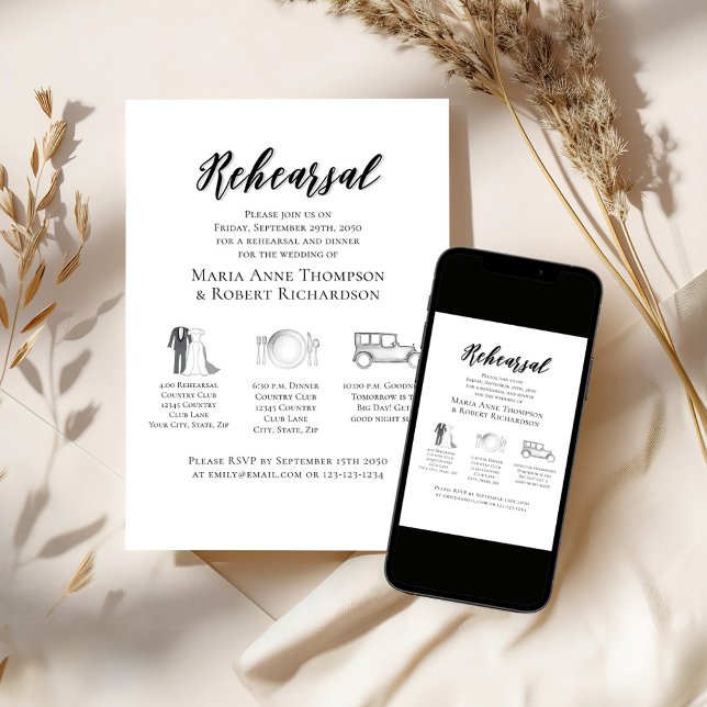 Elegant Wedding Timeline Rehearsal Dinner Invitation (Rehearsal dinner invitation template with timeline. )