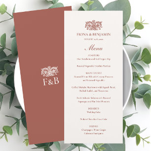 Elegant Wedding Vintage Floral Monogram Terracotta Menu