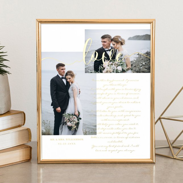 Elegant Wedding Vows Love Script Minimal Two Photo Foil Prints (Creator Uploaded)