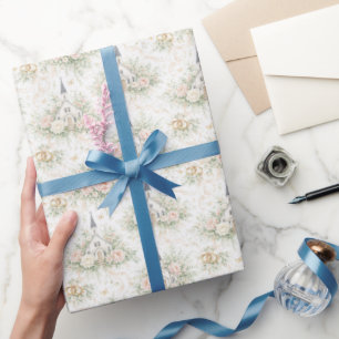 Elegant Wedding Watercolor Church Florals Rings Wrapping Paper