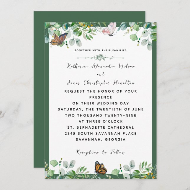 Elegant Wedding Watercolor Floral Butterfly Green Invitation (Front/Back)