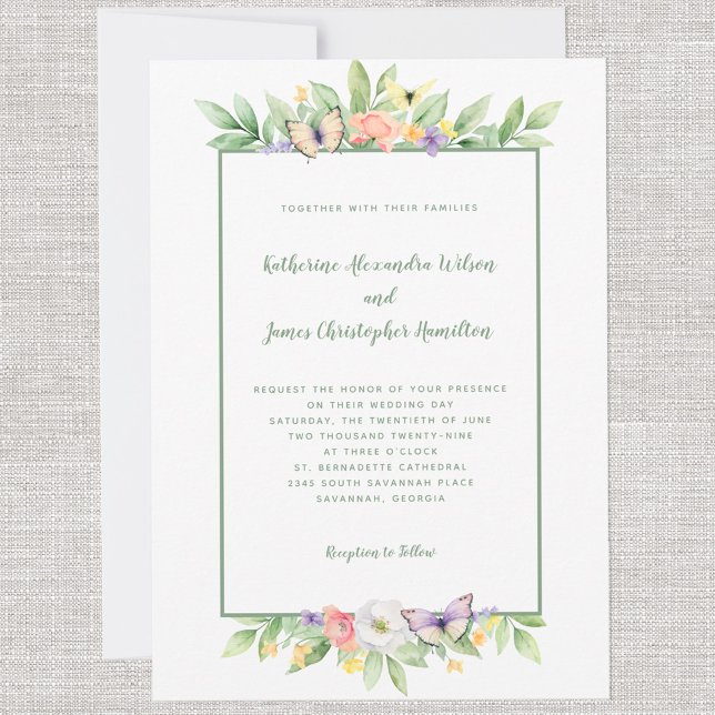 Elegant Wedding Watercolor Floral Butterfly Green Invitation (Elegant Wedding Watercolor Floral Butterfly Green Invitation)