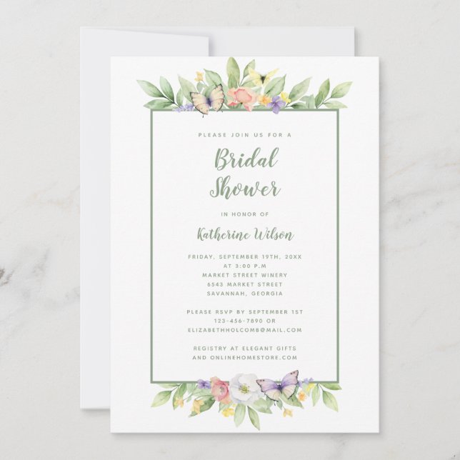 Elegant Wedding Watercolor Floral Butterfly Green Invitation (Front)