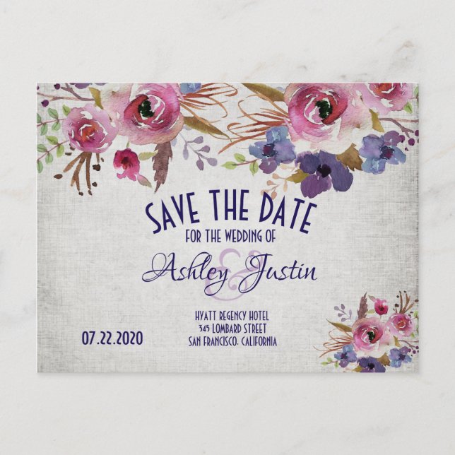 Elegant Wedding Watercolor Flowers Save the Date Announcement Postcard (Front)