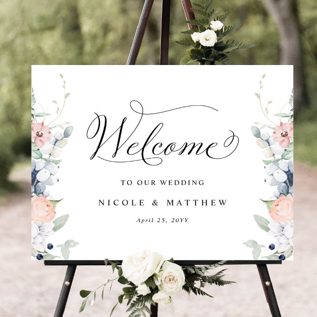 Elegant Wedding Welcome Sign Blue Coral Floral (Creator Uploaded)