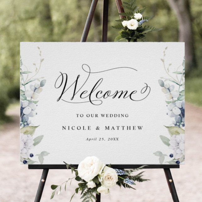 Elegant Wedding Welcome Sign White Blue Floral (Creator Uploaded)