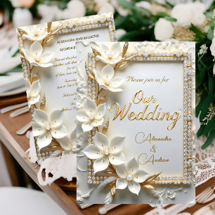 Elegant Wedding White Embossed Gold Diamond Flower Invitation