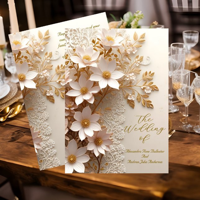 Elegant Wedding White Lace Gold Pink Flowers Invitation (Creator Uploaded)