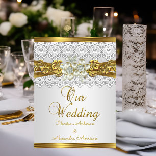 Elegant Wedding White Pearl Gold Lace Floral  Invitation