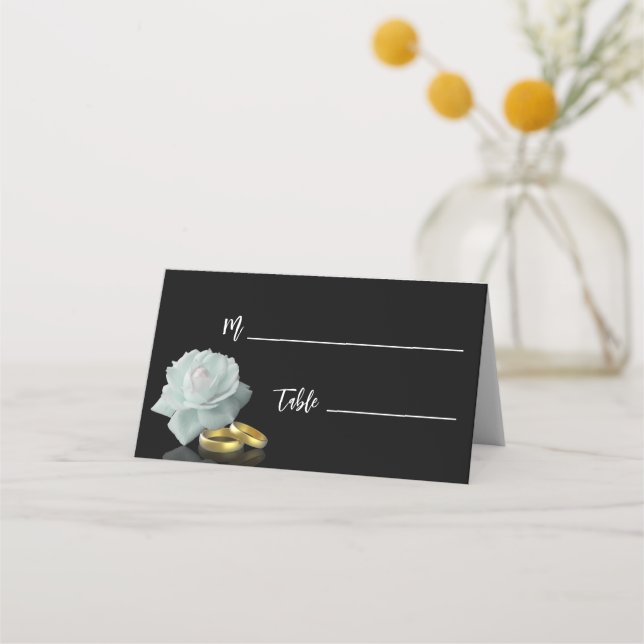 Elegant Wedding White Rose Gold Rings Black Script Place Card (Front)