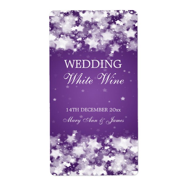 Elegant Wedding Wine Label Dazzling Stars Purple (Front)