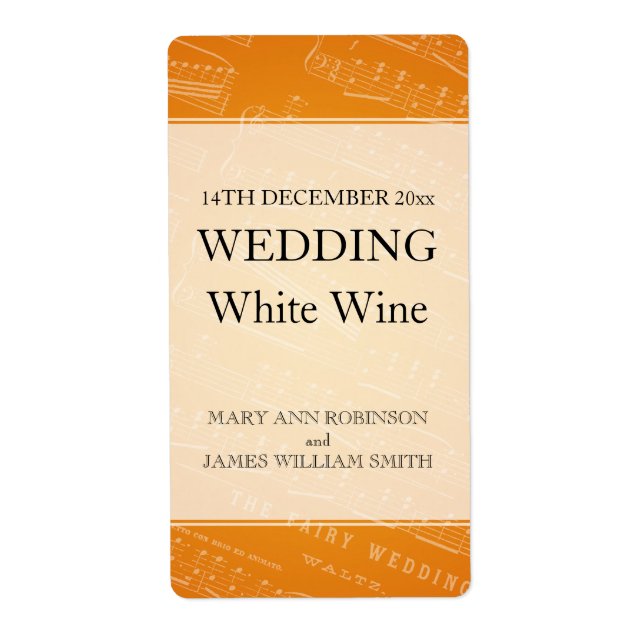 Elegant Wedding Wine Label Sheet Music Orange (Front)