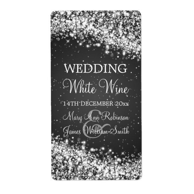 Elegant Wedding Wine Label Sparkling Wave Black (Front)
