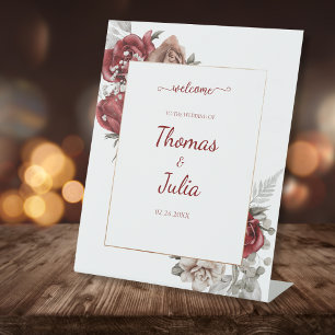 Elegant Wedding with Burgundy Florals Welcome Pedestal Sign
