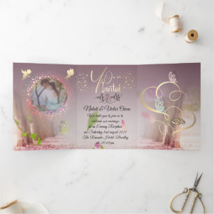 elegant wedding with purine and angel Tri-Fold invitation