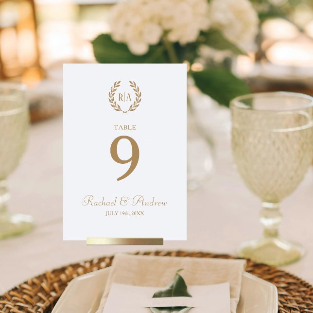 Elegant Wedding Wreath Monogram Gold White Table Number (Creator Uploaded)