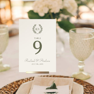 Elegant Wedding Wreath Monogram Green Cream Table Number