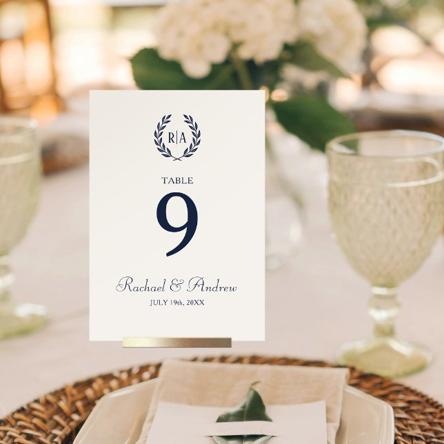Elegant Wedding Wreath Monogram Navy Cream Table Number (Creator Uploaded)