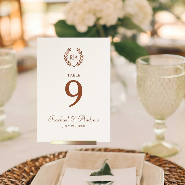 Elegant Wedding Wreath Monogram Terracotta Cream Table Number (Creator Uploaded)