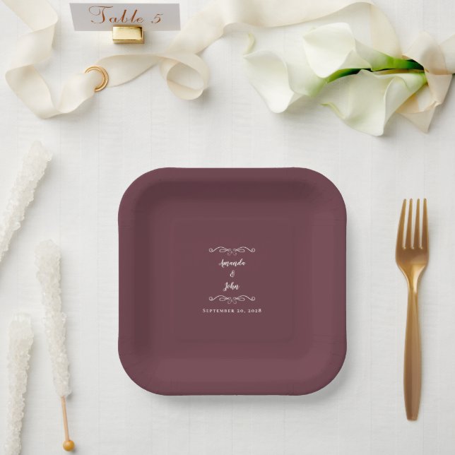 Elegant Weddings Party Modern Burgundy Red Paper Plate (Wedding)