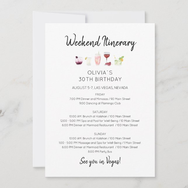 Elegant Weekend Birthday Itinerary Invitation (Front)