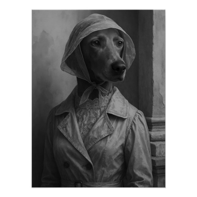 Elegant Weimaraner in Vintage Raincoat and Bonnet  Poster (Front)