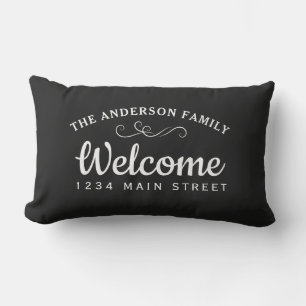 Elegant Welcome Black Personalised Family Name Lumbar Cushion
