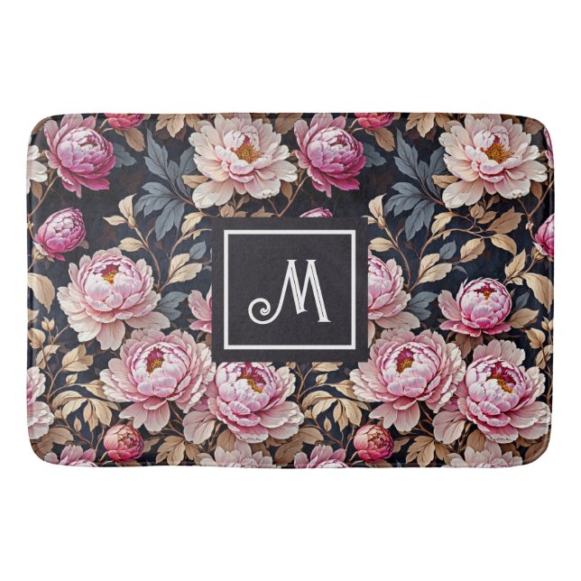 Elegant Welcome Blush Pink Peony Floral Monogram Bath Mat (Front)
