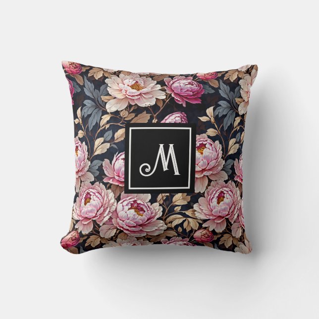 Elegant Welcome Blush Pink Peony Floral Monogram Cushion (Front)