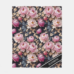 Elegant Welcome Blush Pink Peony Floral Monogram Fleece Blanket