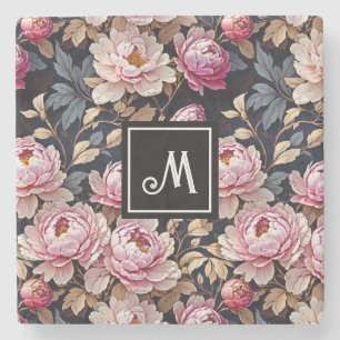 Elegant Welcome Blush Pink Peony Floral Monogram Stone Coaster