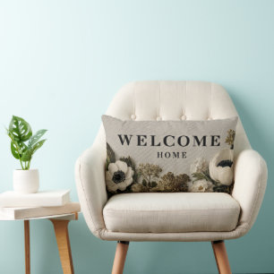Elegant "Welcome Home" Greeting with Botanical Art Lumbar Cushion