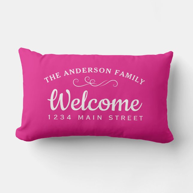 Elegant Welcome Hot Pink Personalised Family Name Lumbar Cushion (Front)