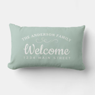 Elegant Welcome Mint Personalised Family Name Lumbar Cushion