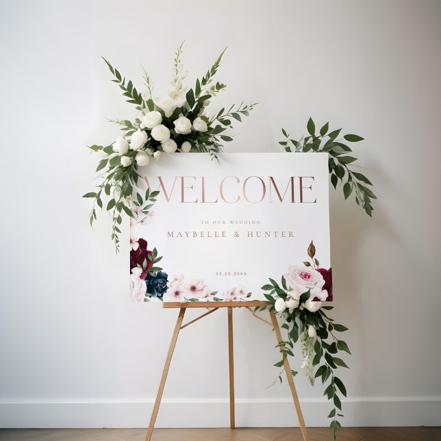 Elegant Welcome Rose Gold Burgundy & Navy Florals Poster (Elegant Welcome Rose Gold Burgundy & Navy Florals Poster)