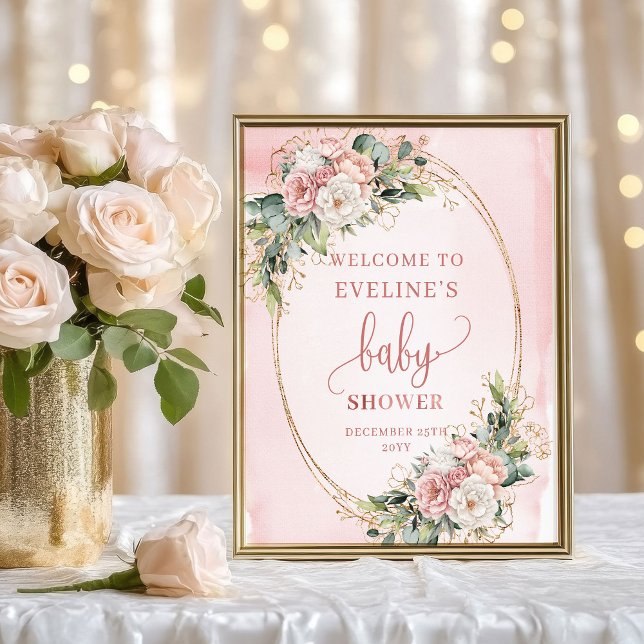 Elegant Welcome Rose Gold Floral Baby Shower Sign (Elegant Welcome Rose Gold Floral Baby Shower Sign)