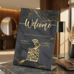 Elegant Welcome Script WIFI Agate Black Marble Pedestal Sign