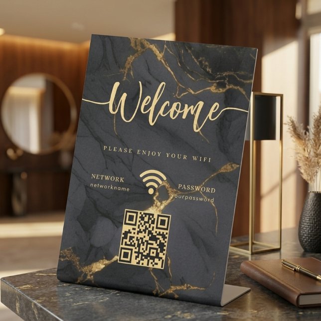 Elegant Welcome Script WIFI Agate Black Marble Pedestal Sign (legant Welcome Script WIFI Agate Black Marble Pedestal Sign)
