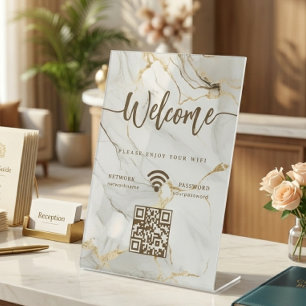 Elegant Welcome Script WIFI QR Code Agate Marble Pedestal Sign