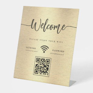Elegant Welcome Script WIFI QR Code Metallic Gold Pedestal Sign