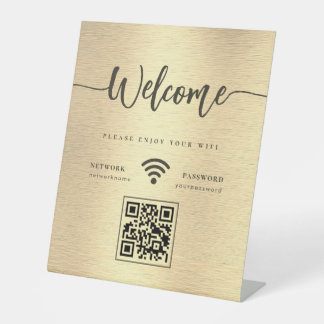 Elegant Welcome Script WIFI QR Code Metallic Gold Pedestal Sign