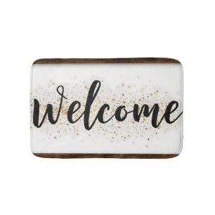 Elegant Welcome Sign in Black Script with Glitter Bath Mat