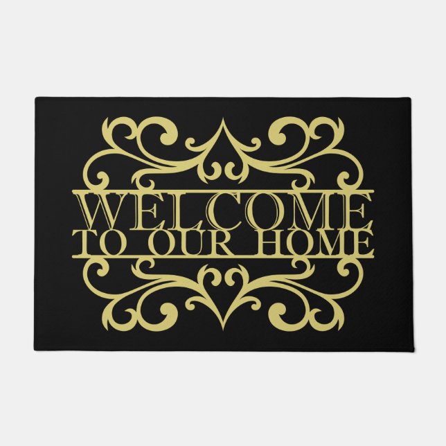 Elegant Welcome To Our Home Gold Black Ornamental Doormat (Front)