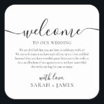 Elegant Welcome To Our Wedding Welcome Bag Square Sticker<br><div class="desc">Welcome to our Wedding Label for Wedding Welcome Bag. Design features a minimalist style text layout. To make advanced changes,  please select "Click to customise further" option under Personalise this template.</div>